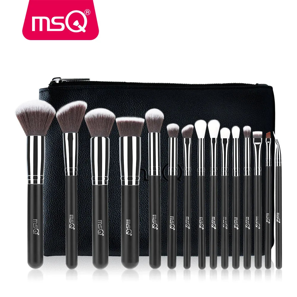 MSQ 15-Piece Pro Makeup Brush Set with Synthetic Bristles & Leather Case