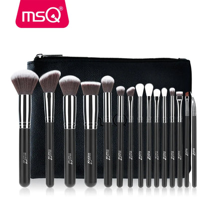 MSQ 15-Piece Pro Makeup Brush Set with Synthetic Bristles & Leather Case